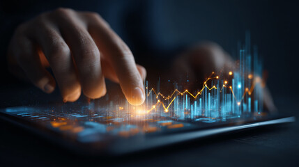 Poster - Finger interacts with glowing digital graph on tablet, showcasing data analysis, technology, and progress concept