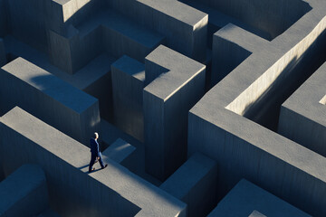 Poster - Man in suit navigating grey concrete maze, overhead view showcasing challenge, problem-solving, or business decision-making concept