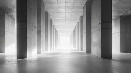 Poster - Modern Minimalist Concrete Architecture Interior Design Bright Light Spacious Hallway Building Columns Structure Grey Monochrome Background Empty Room
