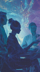 Poster - Silhouettes of three individuals engaged in work, overlaid with a textured blue and purple network, suggesting collaboration and connectivity in a digital environment