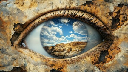 Poster - A surreal image of an eye reflecting a rocky landscape, symbolizing nature's beauty and the power of vision.