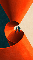 Poster - abstract illustration of two figures giving high five atop an orange textured surface, symbolizing t