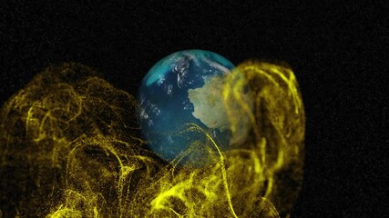 Poster - 3D render planet Earth rotating in space, surrounded by swirling golden-yellow particle streams