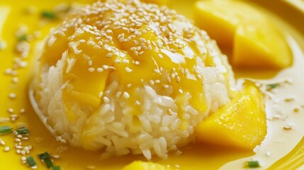 Poster - Close-up of mango sticky rice, a popular Thai dessert, with coconut milk sauce and sesame seeds.