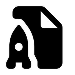 Poster - Black and white graphic of a rocket ship next to a document with a folded corner in simple style design