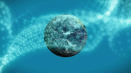 Poster - 3D Earth globe rotating, surrounded by glowing data streams flowing on blue gradient background