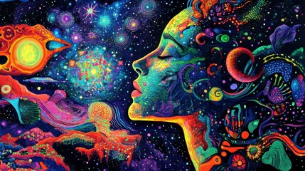 Poster - Vibrant cosmic woman profile amidst swirling nebula, stars, and organic forms.