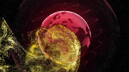 Aufkleber - Red dotted globe spinning in dark void, showing golden particle streams and red dotted waveforms