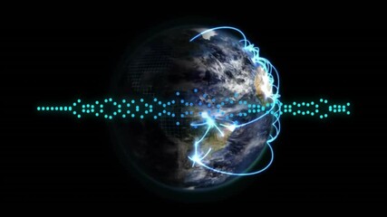 Aufkleber - Global connectivity network orbiting Earth, showing turquoise lines with glowing blue dots in 3D