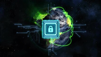 Poster - earth floating in space showing glowing padlock inside circuit board and network arcs extending