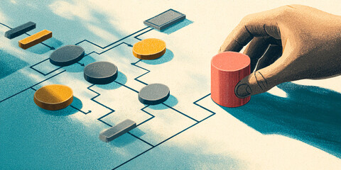 Poster - Hand placing red cylinder on flowchart, illustrating process management or system design.  Concept showcases workflow, planning, and strategic decision-making.
