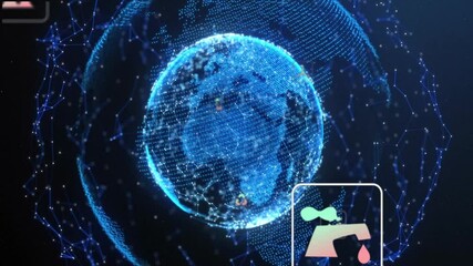 Aufkleber - Presenting holographic digital Earth globe rotating at center, displaying environmental data icons