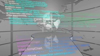 Poster - futuristic control room showing globe display wrapped in grey map panels with floating code