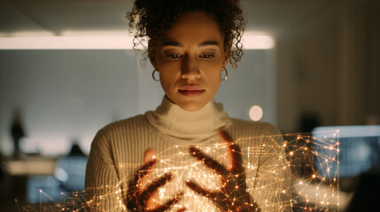 Aufkleber - Woman with curly hair holds glowing network, symbolizing innovation, technology, and connection