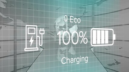 Poster - Futuristic digital charging interface showing Eco leaf icon and 100% battery over holographic globe