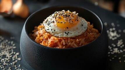 Poster - Kimchi fried rice topped with a fried egg and sesame seeds in a black bowl.