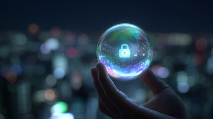 Poster - Hand holding glowing sphere with padlock icon, city lights background, symbolizing digital security, data protection, and online safety