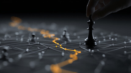Poster - Black chess king piece moved by hand,  on a network, glowing path symbolizes strategic planning and leadership
