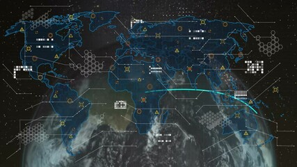 Poster - Showing neon blue world map overlay on Earth with hexagon data nodes, yellow triangles, red circles