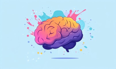 Poster - a colorful brain and paint splashes on a light blue background Generative AI