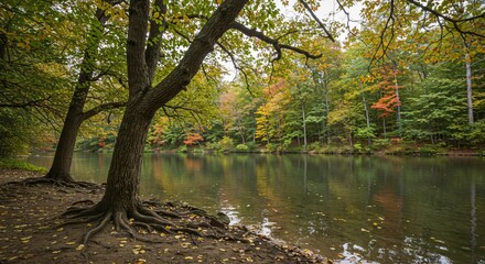  a tree with its roots hanging over the water