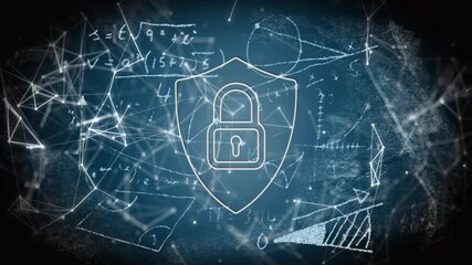 Poster - Digital security being visualized in 3D render, with shield padlock chalk equations network nodes