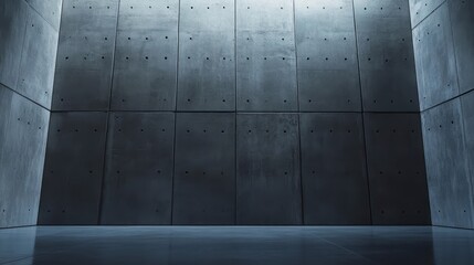 Poster - Dark, empty concrete room with smooth floor and textured walls, illuminated by overhead light.