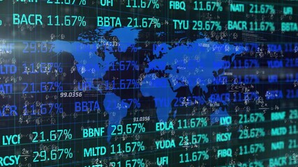 Poster - Blue world map silhouette glowing over dark grid, with neon stock tickers and equations streaming