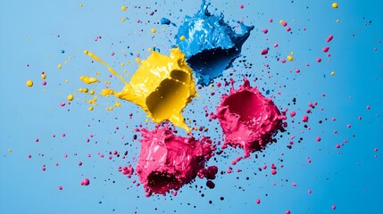 Wall Mural - Colorful Liquid Paint Swirls Against Vibrant Blue Background