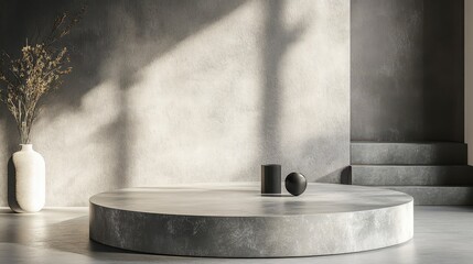 Poster - Minimalist grey concrete podium with black geometric shapes and dried flowers in a sunlit room.