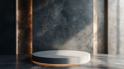 Poster - Elegant round pedestal on dark marble background with golden accents, ideal for product display or presentation.