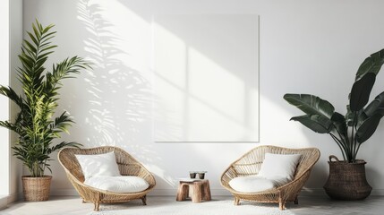 Poster - Minimalist living room interior with two wicker chairs, plants, and a blank canvas.