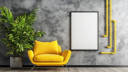 Poster - Yellow armchair, plant, blank poster, industrial pipes on a textured wall.