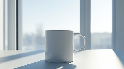 Poster - Blank White Coffee Mug on Desk Near Bright Window Modern Office Workspace Minimalist Design Simple Clean Aesthetic Product Mockup Template for Branding Presentation cup  