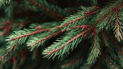 Close-up of lush green pine tree branches in natural light.