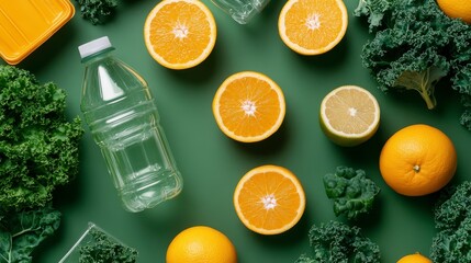 Aufkleber - Flat lay of oranges, kale, lime, and a water bottle on a green background.