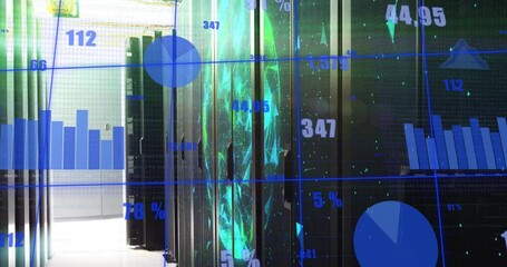 Poster - Black server cabinets floating down corridor with blue grid overlay and spinning 3D network globe