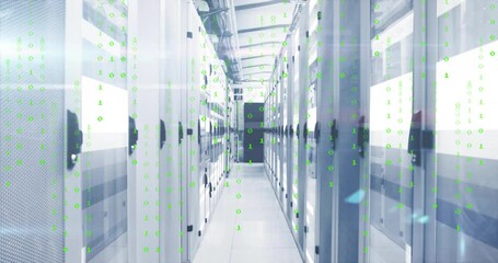 Poster - Server cabinets lining narrow corridor, glowing green binary digits floating over 3D render