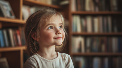 A young girl gazes upwards, smiling in a library filled with books