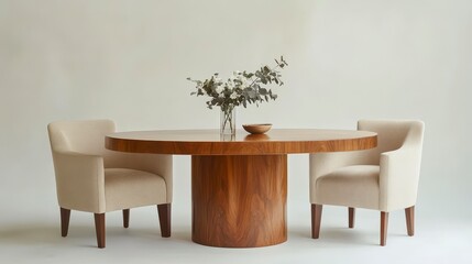 Aufkleber - Oval wood dining table with two beige armchairs and flower arrangement.