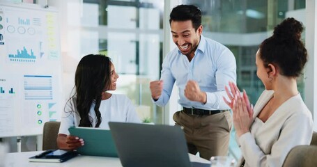 Aufkleber - Celebration, happiness and people with laptop, applause and review of positive feedback on website. Achievement, colleagues and clapping for financial performance in office, graphs or group with tech
