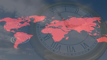 Poster - Red-tinted world map rotating with white concentric targets over translucent clock face with clouds