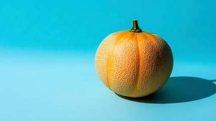 Poster - Ripe cantaloupe melon on blue background, bright sunlight casts shadow.