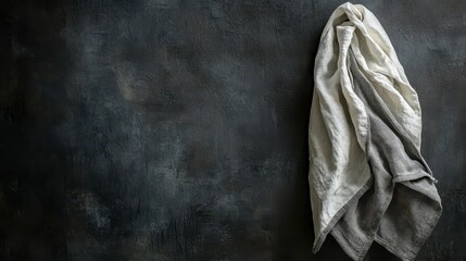 Poster - Crumpled linen napkin on dark background, top view.