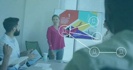 Poster - Woman presenter pointing infographic in business meeting, showing animated charts floating display