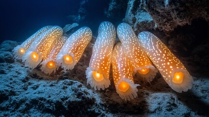 Poster - Cluster of bioluminescent sea cucumbers glowing internal light resting on rocky seabed in dark marine canyon