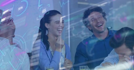Poster - Office team laughing around table in conference room, showing tech charts and data overlays