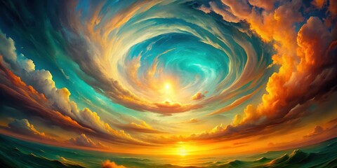 Wall Mural - whimsical seascape with a celestial vortex of vibrant hues and golden sunset