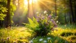 © Kukar Studio - Golden Sunlight Illuminates a Vibrant Wildflower Arrangement Nestled Among Lush Green Ferns in a Serene Forest Meadow