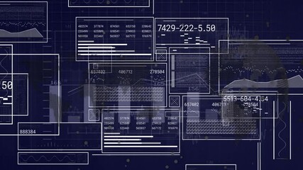 Poster - Overlapping data panels showing numeric overlays and charts over grid background in flat design